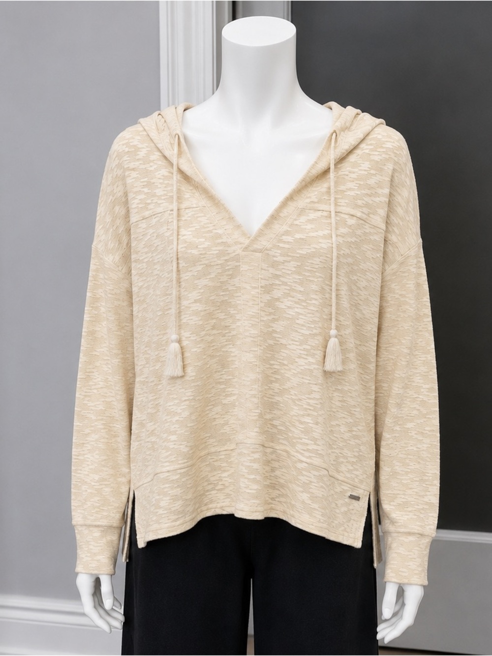 Roxy Cream Beige V-Neck Hooded Pullover with Tassel Drawstrings